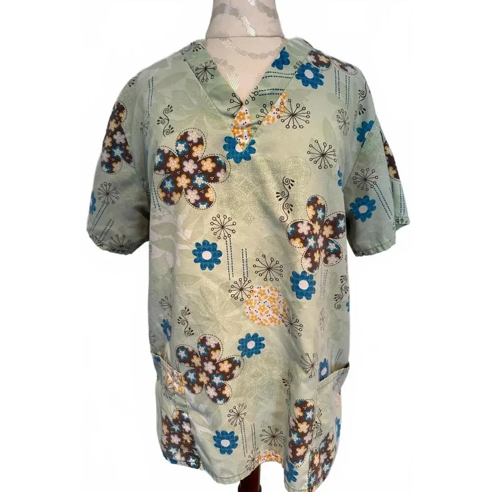 Koi Floral Print Medical Scrubs Set - Top- L & Pants- Medium Tall - Picture 2 of 9